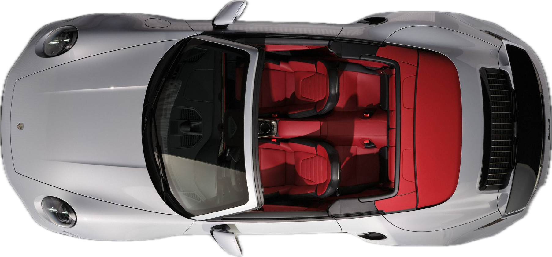 Ezüst Porsche 911 Turbo S Cabriolet felülnézetből, piros bőrbelsővel